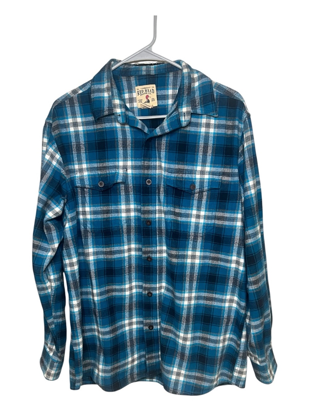 RedHead Brand Co. Teal & White Plaid Flannel Button-Down Shirt size L men